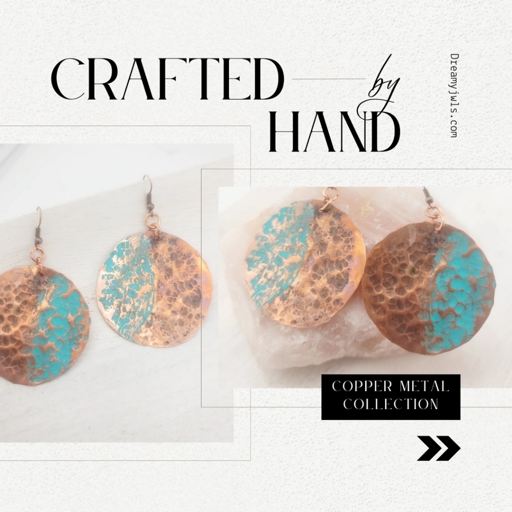 COPPER EARRINGS HANDMADE WITH BLUE & BROWN PATINA 2" APPROX